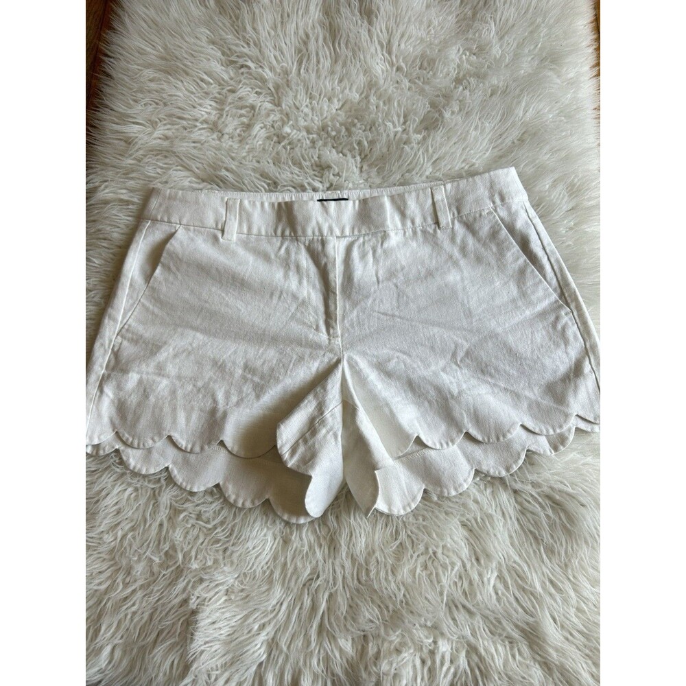 J Crew Linen-Blend Shorts Womens Sz 10 White Scalloped Hem Beach Resort Chic